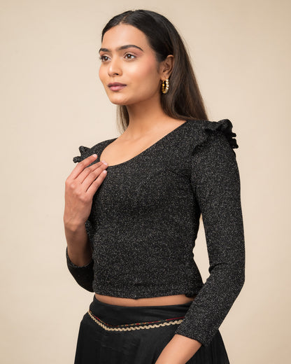Shillong Sweater Ruffle Knit Metallic Lurex Long Sleeve Stretchable Slip On Blouse