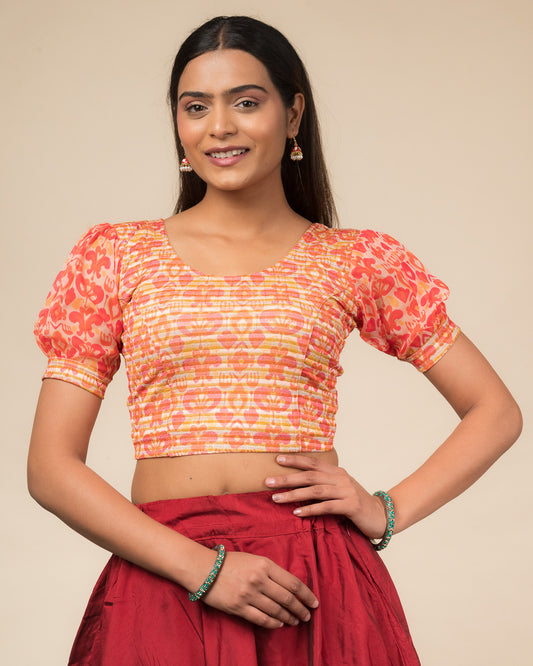 Kohima Multicolour Print Organza Puff Sleeve Stretchable Slip On Blouse