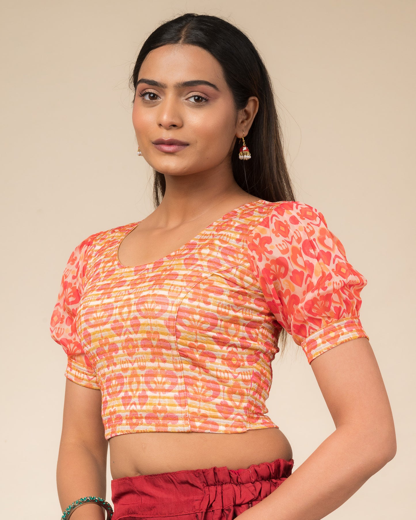Kohima Multicolour Print Organza Puff Sleeve Stretchable Slip On Blouse