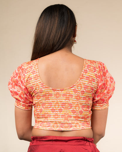 Kohima Multicolour Print Organza Puff Sleeve Stretchable Slip On Blouse