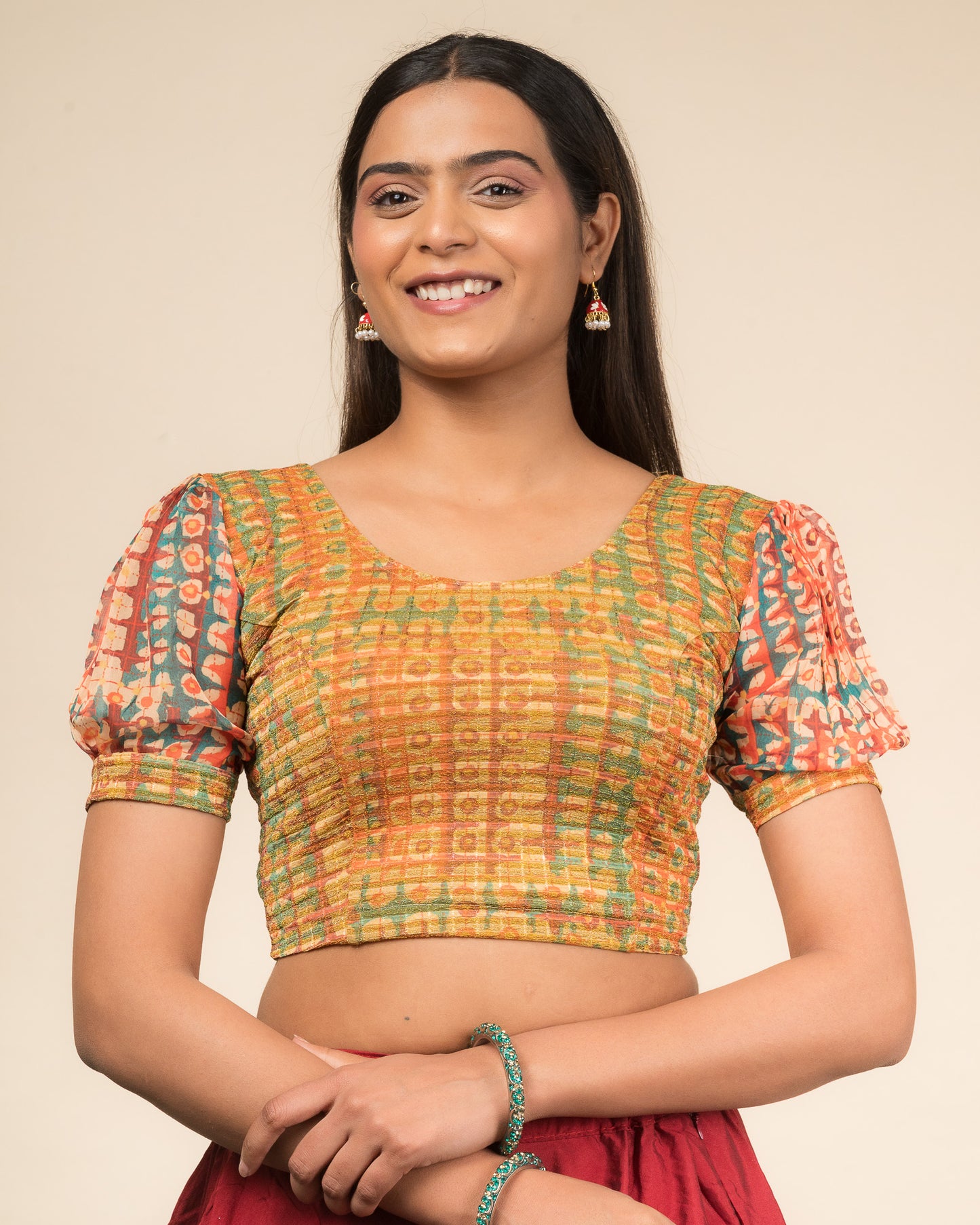 Kohima Multicolour Print Organza Puff Sleeve Stretchable Slip On Blouse