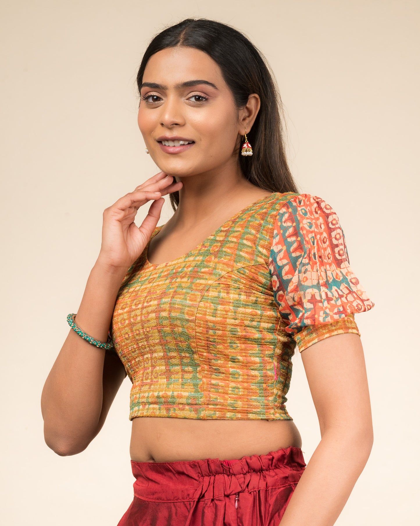 Kohima Multicolour Print Organza Puff Sleeve Stretchable Slip On Blouse