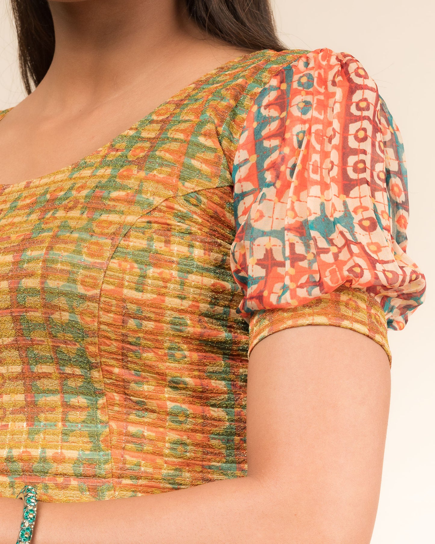Kohima Multicolour Print Organza Puff Sleeve Stretchable Slip On Blouse