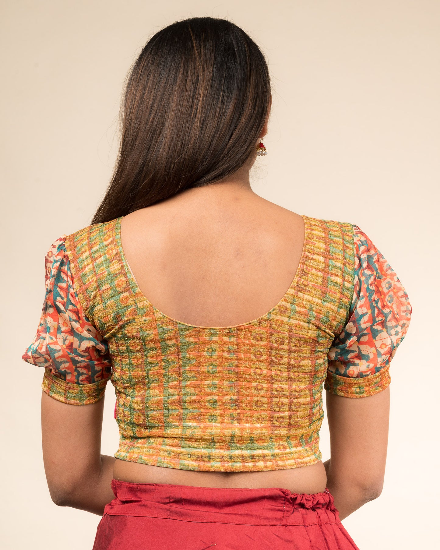 Kohima Multicolour Print Organza Puff Sleeve Stretchable Slip On Blouse