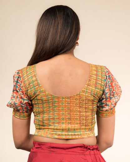 Kohima Multicolour Print Organza Puff Sleeve Stretchable Slip On Blouse