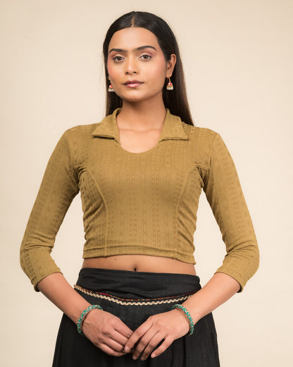 Rakhi Dark Gold Ikat Stripe Collar Long Sleeve Blouse advi
