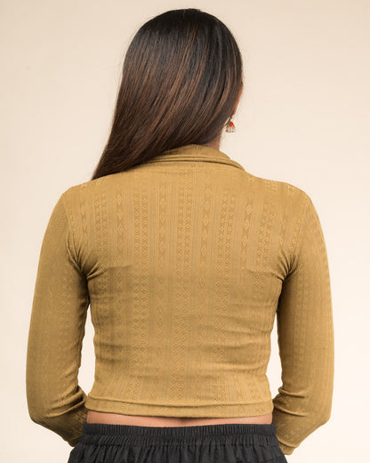 Rakhi Dark Gold Ikat Stripe Collar Long Sleeve Blouse advi