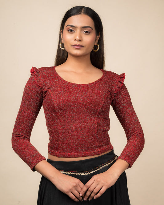 Shillong Sweater Ruffle Knit Metallic Lurex Long Sleeve Stretchable Slip On Blouse