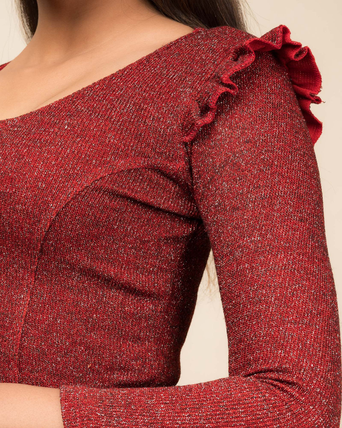 Shillong Sweater Ruffle Knit Metallic Lurex Long Sleeve Stretchable Slip On Blouse