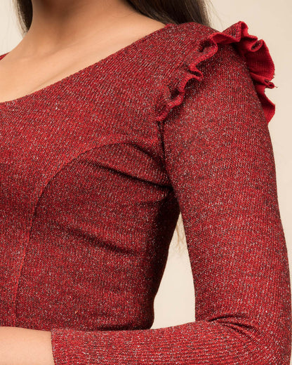 Shillong Sweater Ruffle Knit Metallic Lurex Long Sleeve Stretchable Slip On Blouse