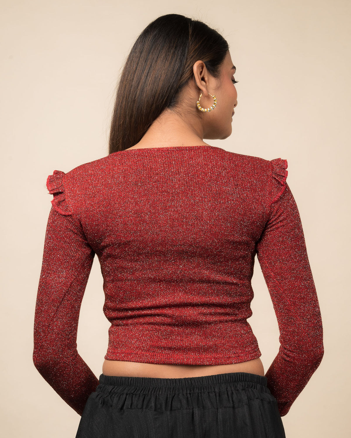 Shillong Sweater Ruffle Knit Metallic Lurex Long Sleeve Stretchable Slip On Blouse