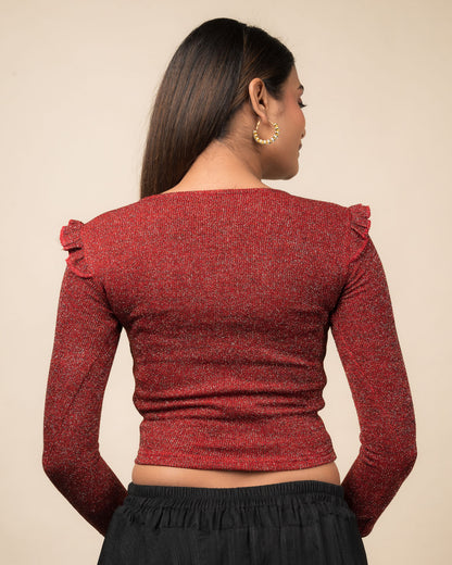 Shillong Sweater Ruffle Knit Metallic Lurex Long Sleeve Stretchable Slip On Blouse