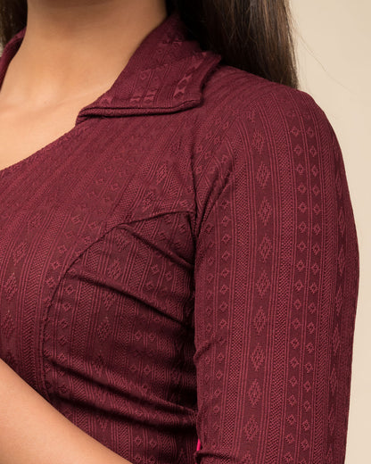 Rakhi Maroon Collar Long Sleeve Ikat Print Winter Blouse advi