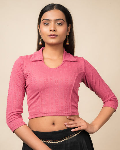 Rakhi Pink Ikat Striped Collar Long Sleeve Slip On Blouse advi