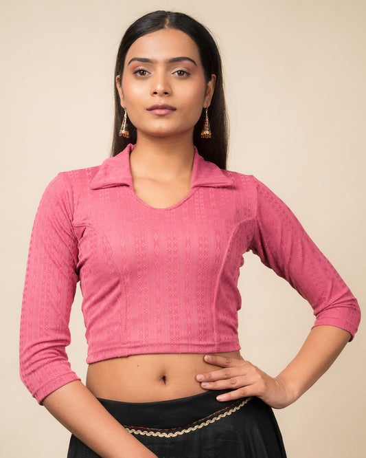 Rakhi Pink Ikat Striped Collar Long Sleeve Slip On Blouse advi