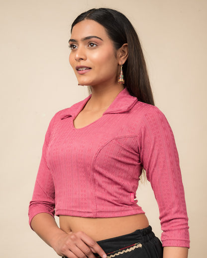 Rakhi Pink Ikat Striped Collar Long Sleeve Slip On Blouse advi