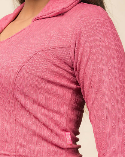 Rakhi Pink Ikat Striped Collar Long Sleeve Slip On Blouse advi