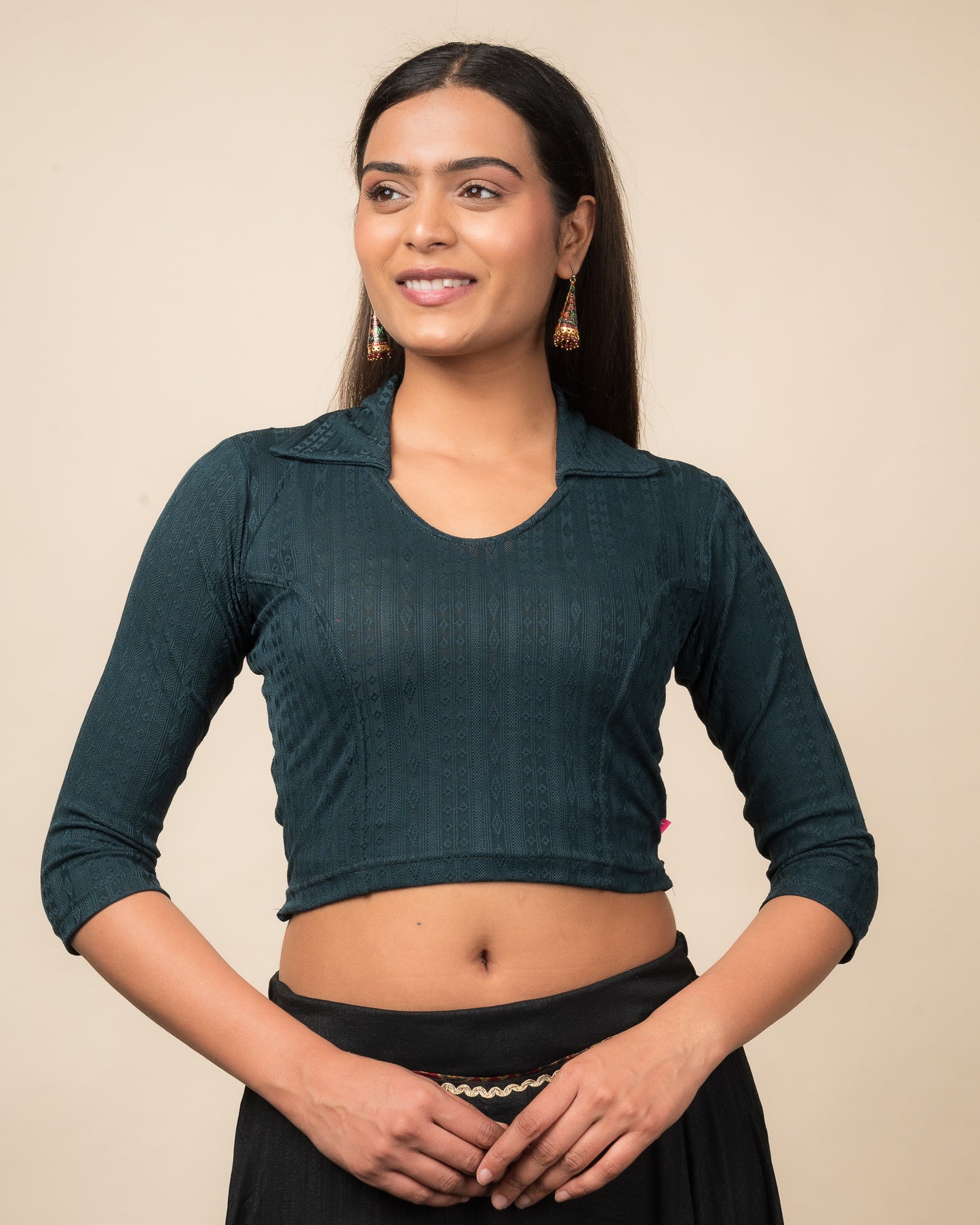 Rakhi Bottle Green Ikat Collar Long Sleeve Stretch Blouse advi