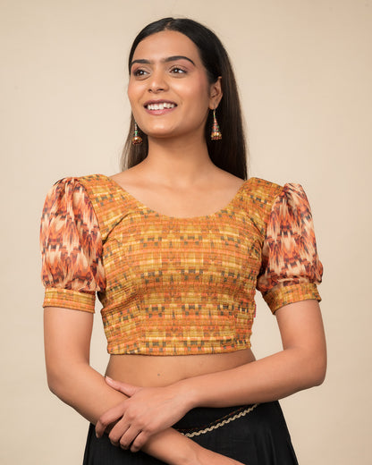 Kohima Multicolour Print Organza Puff Sleeve Stretchable Slip On Blouse