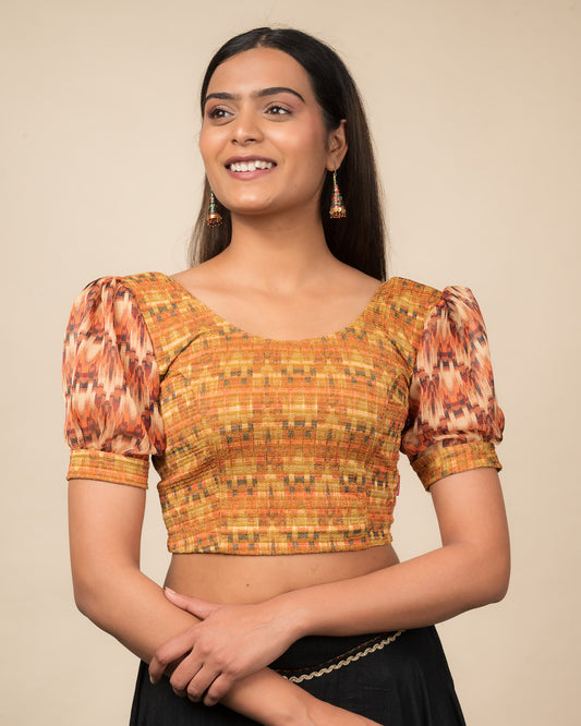 Kohima Multicolour Print Organza Puff Sleeve Stretchable Slip On Blouse