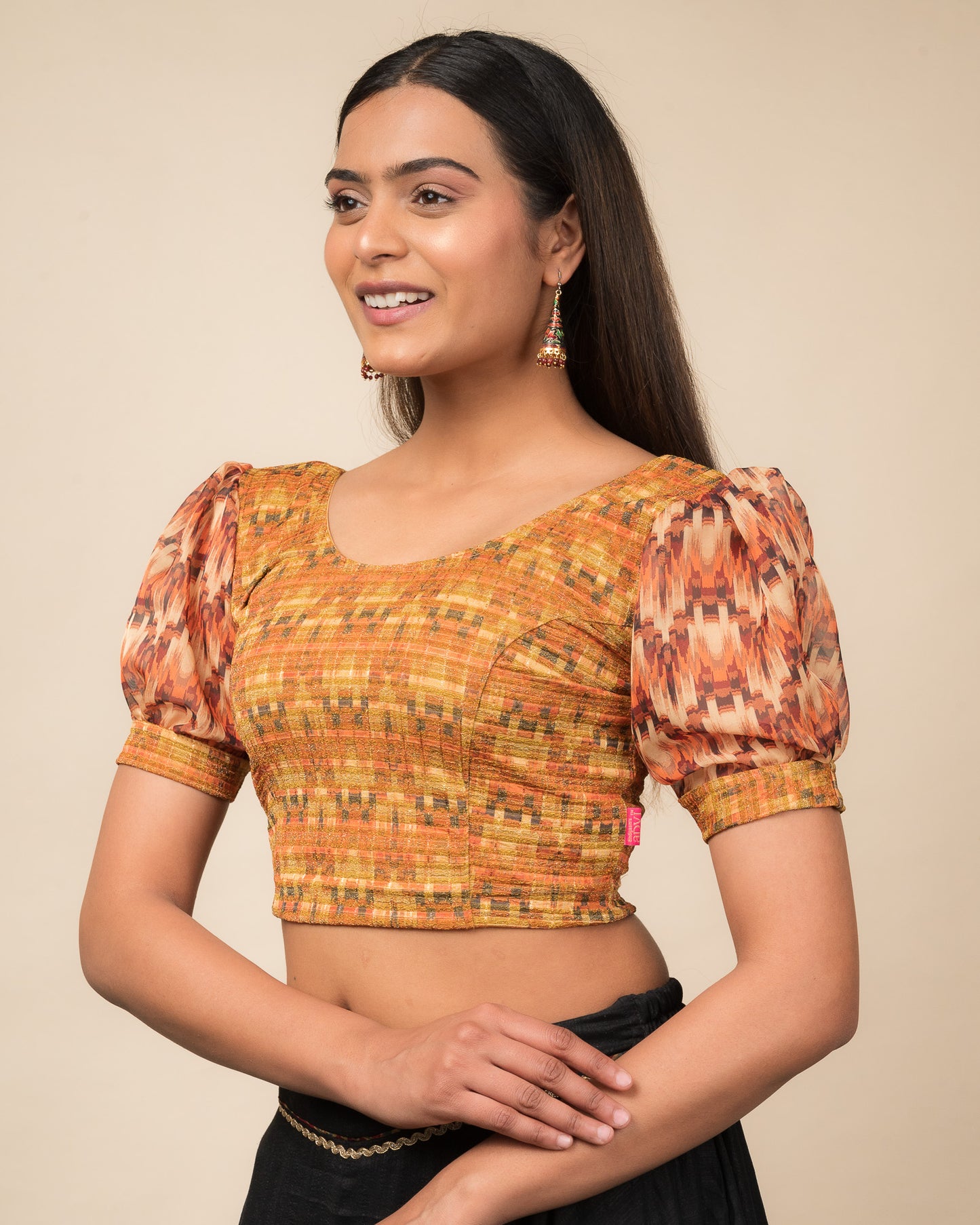 Kohima Multicolour Print Organza Puff Sleeve Stretchable Slip On Blouse