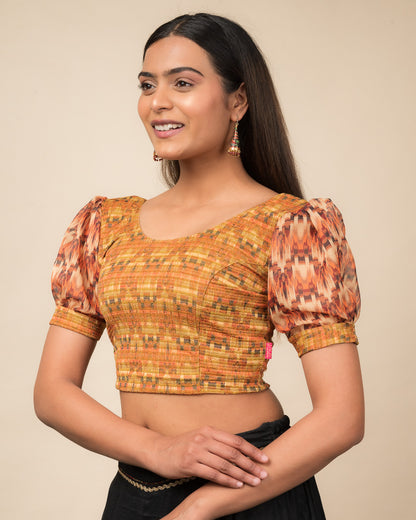 Kohima Multicolour Print Organza Puff Sleeve Stretchable Slip On Blouse