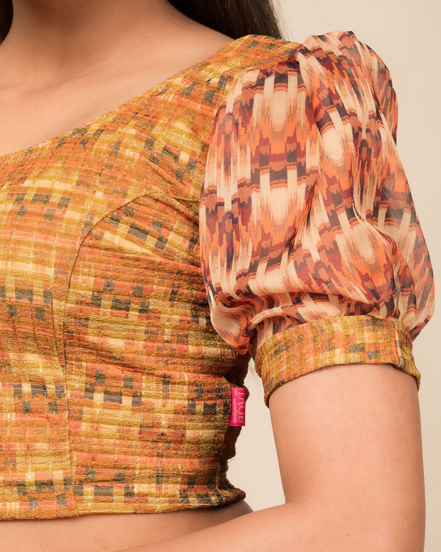 Kohima Multicolour Print Organza Puff Sleeve Stretchable Slip On Blouse