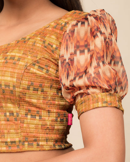 Kohima Multicolour Print Organza Puff Sleeve Stretchable Slip On Blouse