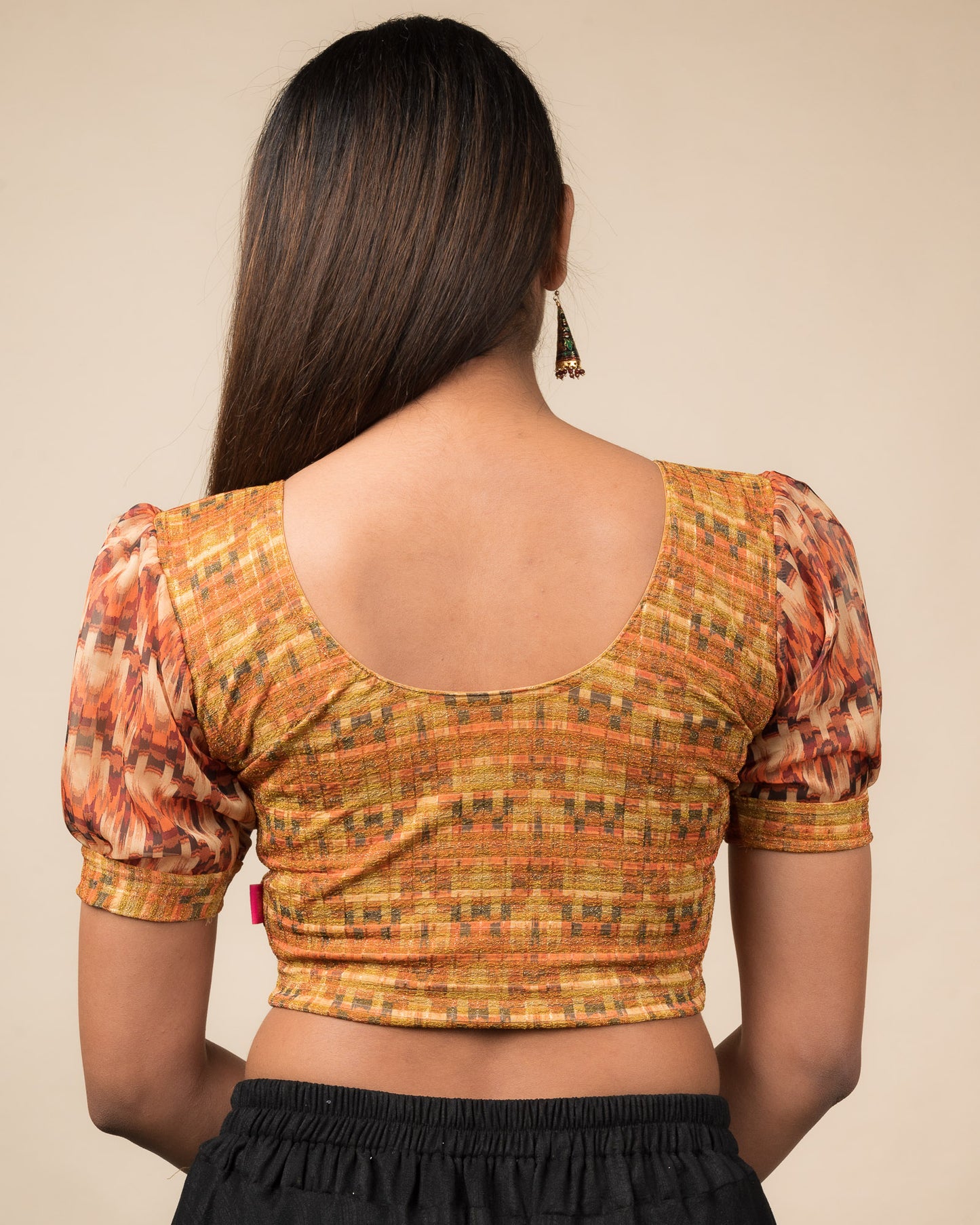 Kohima Multicolour Print Organza Puff Sleeve Stretchable Slip On Blouse