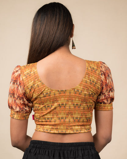 Kohima Multicolour Print Organza Puff Sleeve Stretchable Slip On Blouse