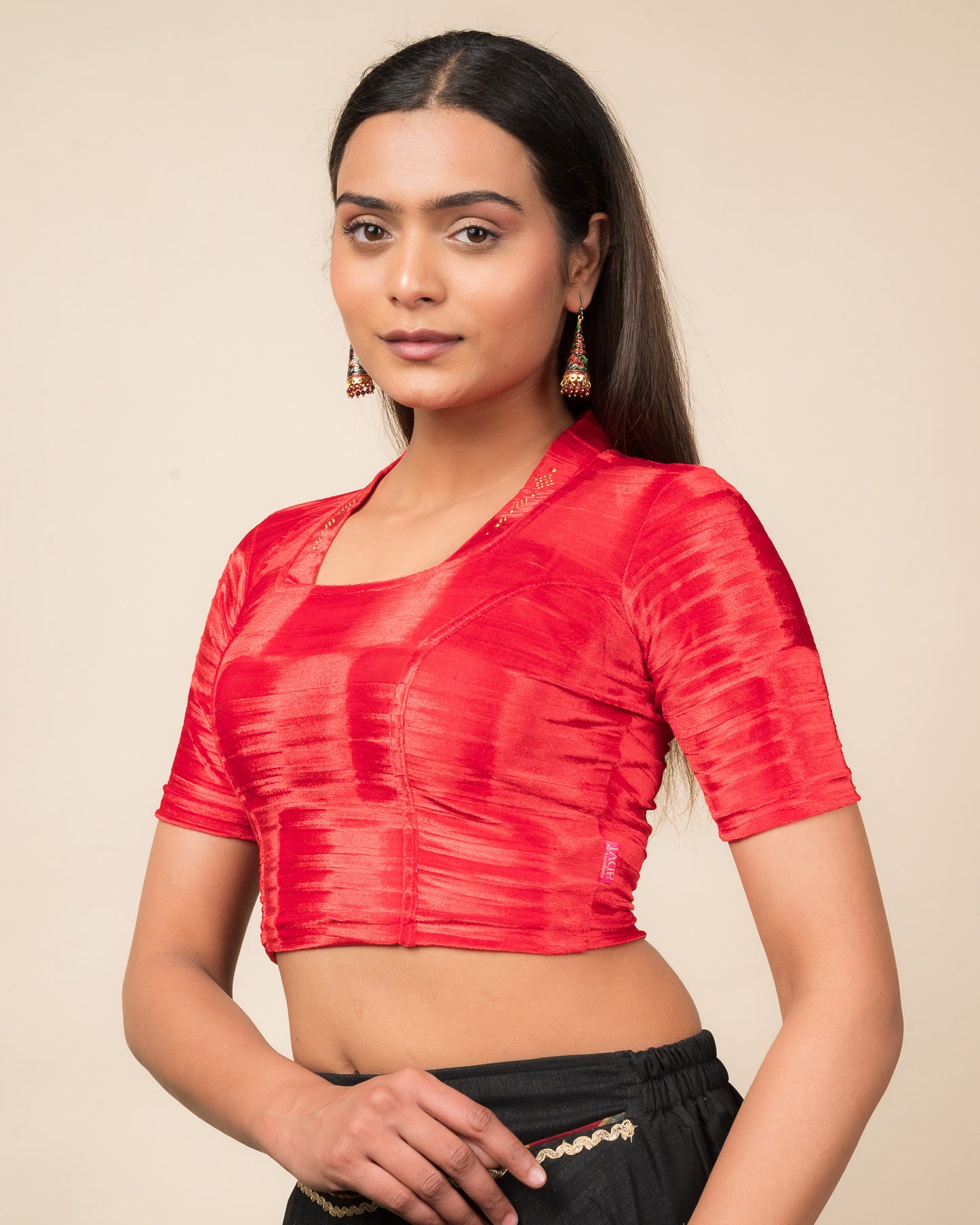 Asha Textured Velvet with a Swarovski embellished Square collar Neckline Stretchable Slip On Blouse