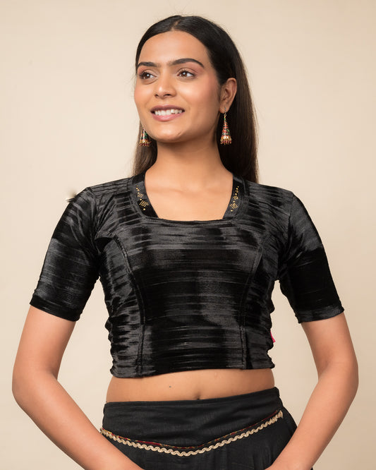 Asha Textured Velvet with a Swarovski embellished Square collar Neckline Stretchable Slip On Blouse
