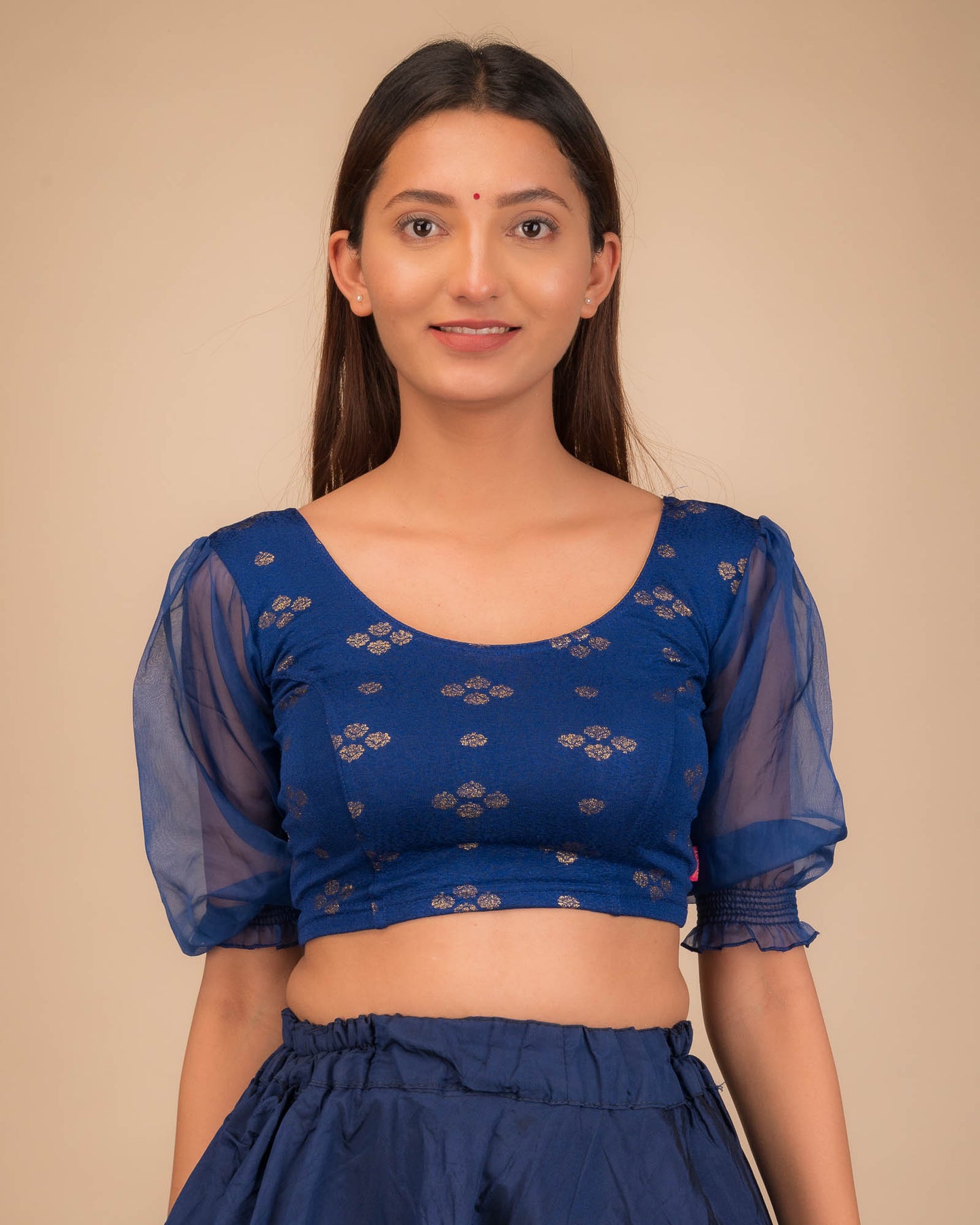 Kaanchi Navy Gold Print Blouse with Stretchable Organza Sleeves by Advi