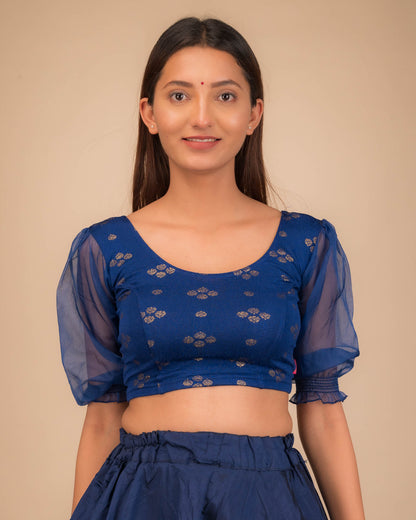 Kaanchi Navy Gold Print Blouse with Stretchable Organza Sleeves by Advi