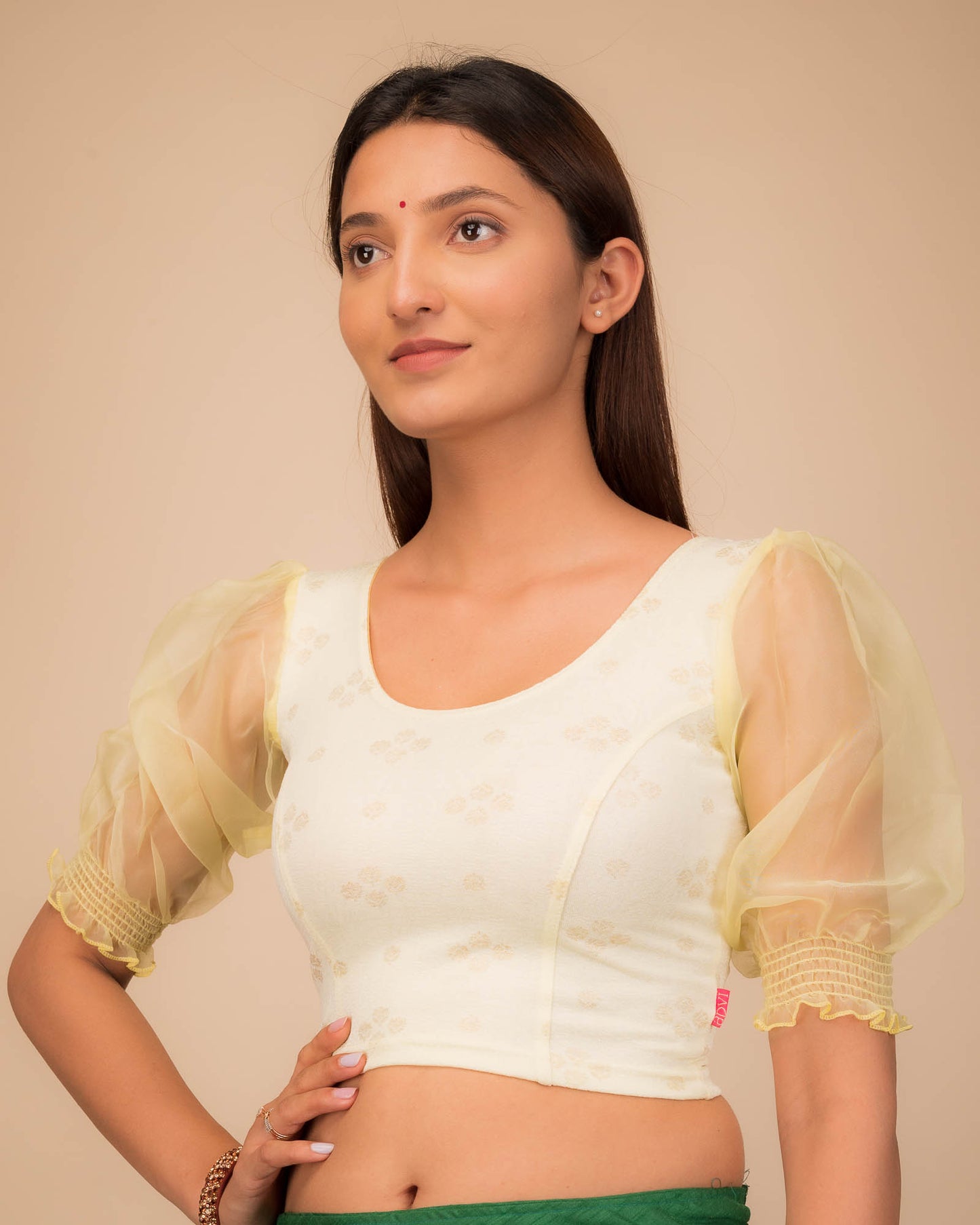 Kaanchi Yellow Gold Metallic Print Blouse with Organza Sleeves by Advi