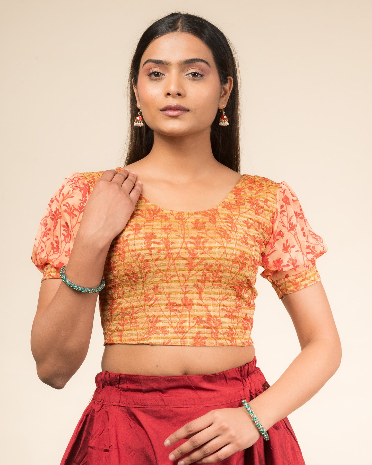 Kohima Multicolour Print Organza Puff Sleeve Stretchable Slip On Blouse