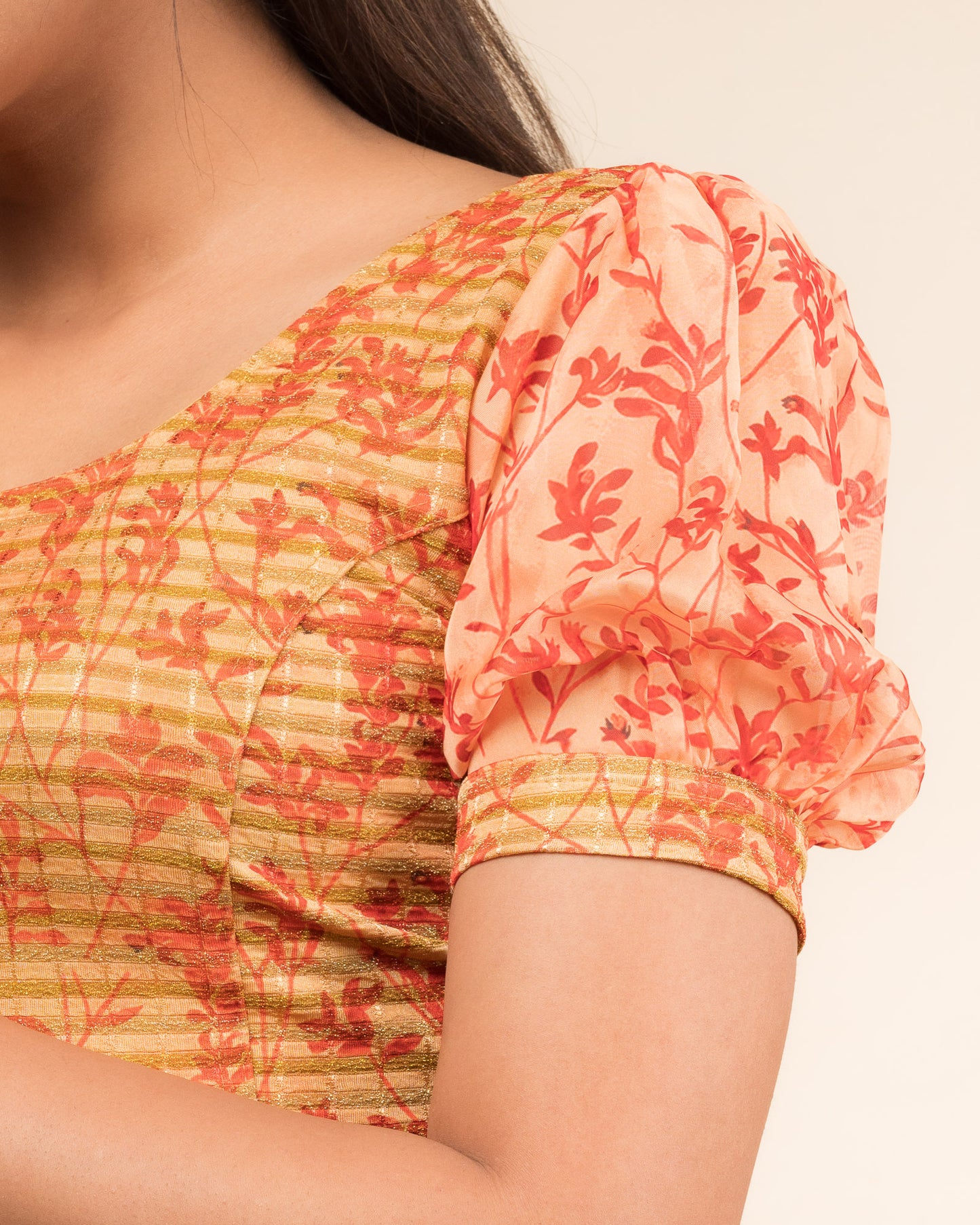 Kohima Multicolour Print Organza Puff Sleeve Stretchable Slip On Blouse