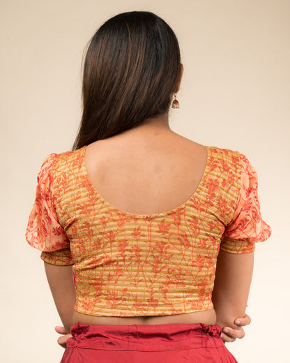 Kohima Multicolour Print Organza Puff Sleeve Stretchable Slip On Blouse