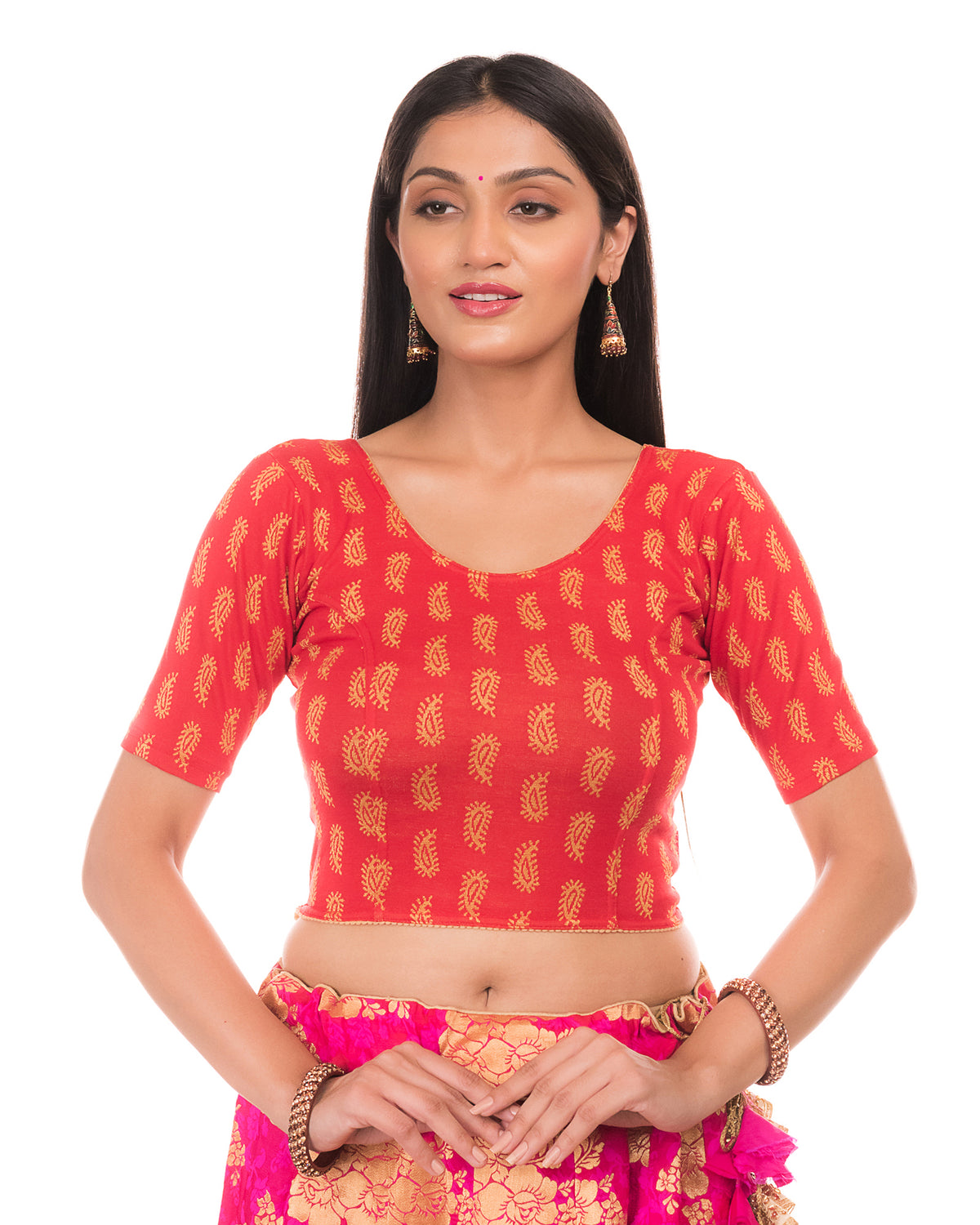 Sufi Red Cotton with Silk Patch Stretchable Blouse