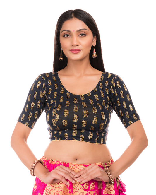 Sufi Black Cotton with Silk Patch Stretchable Blouse