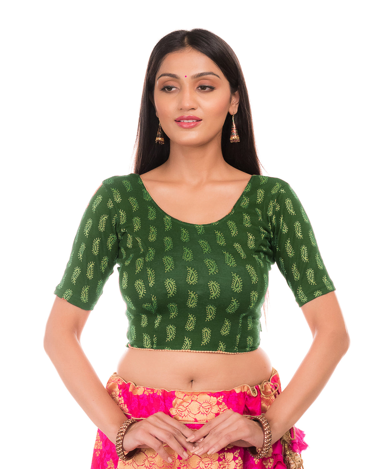 Sufi Bottle Green Cotton with Silk Patch Stretchable Blouse