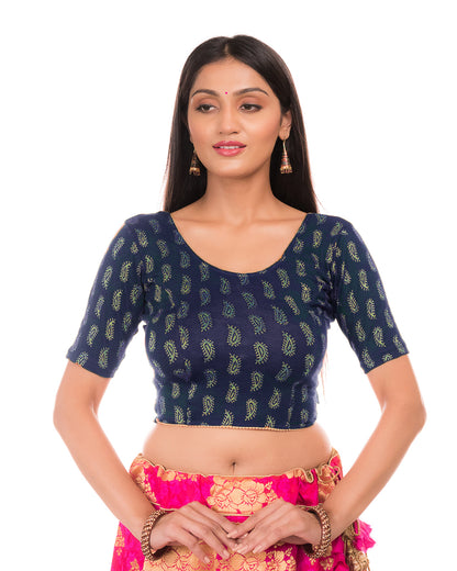 Sufi Navy Cotton with Silk Patch Stretchable Blouse