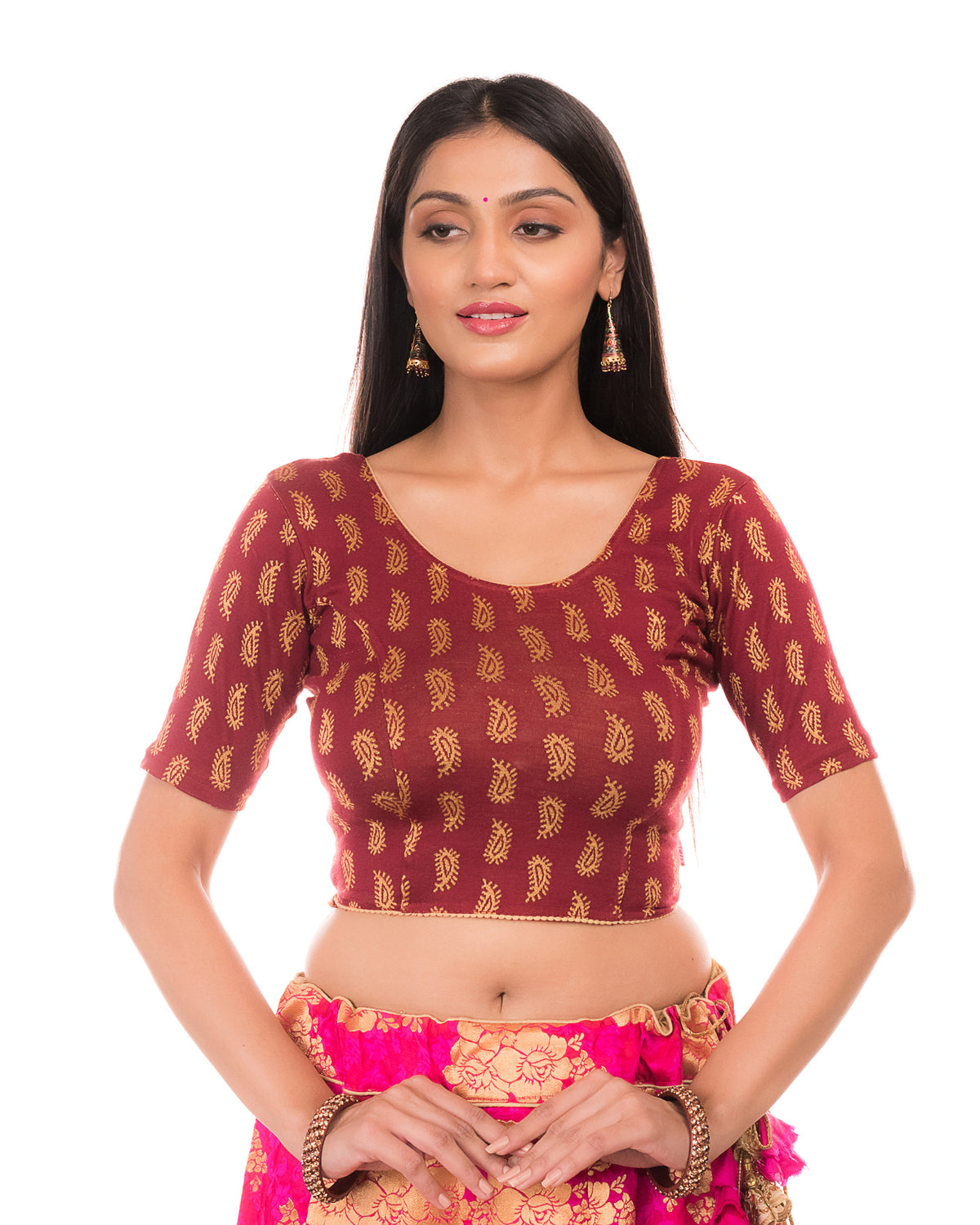 Sufi Maroon Cotton with Silk Patch Stretchable Blouse