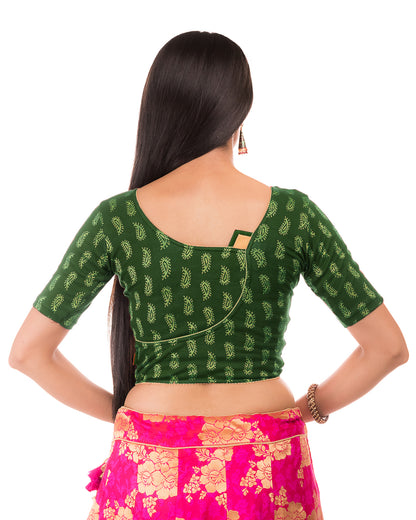 Sufi Bottle Green Cotton with Silk Patch Stretchable Blouse