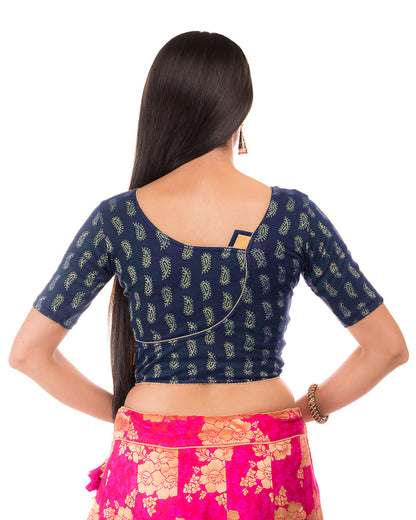 Sufi Navy Cotton with Silk Patch Stretchable Blouse