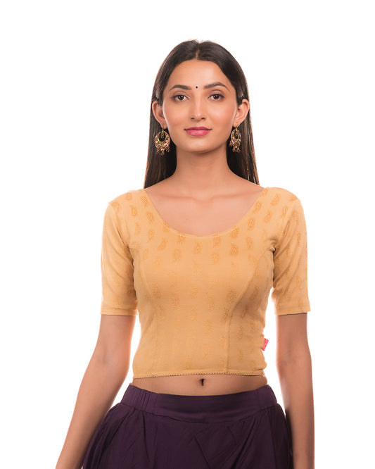 Sufi Fawn Cotton with Silk Patch Stretchable Blouse