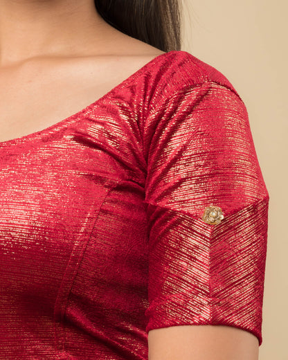 Gold Velvet Stripe with Hand Embroidery Buti Stretchable Slip on Blouse