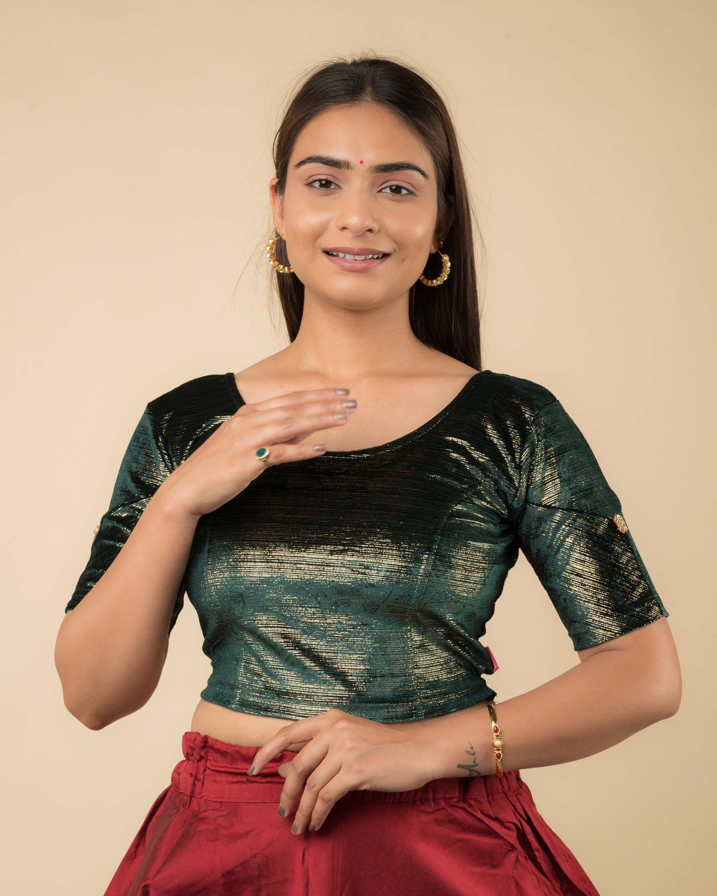 Gold Velvet Stripe with Hand Embroidery Buti Stretchable Slip on Blouse
