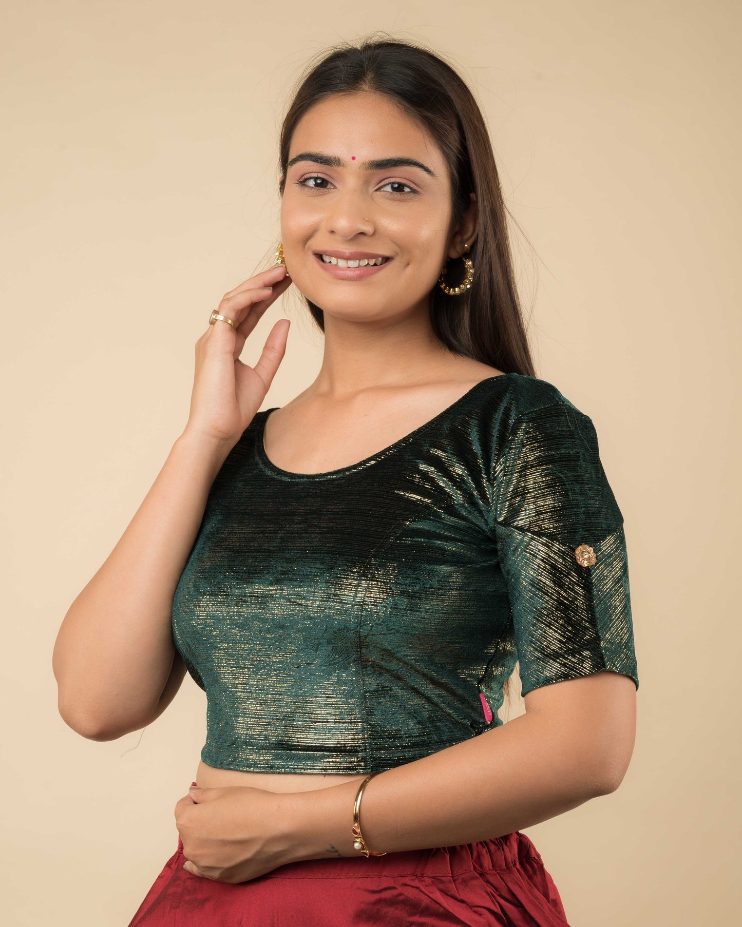Gold Velvet Stripe with Hand Embroidery Buti Stretchable Slip on Blouse