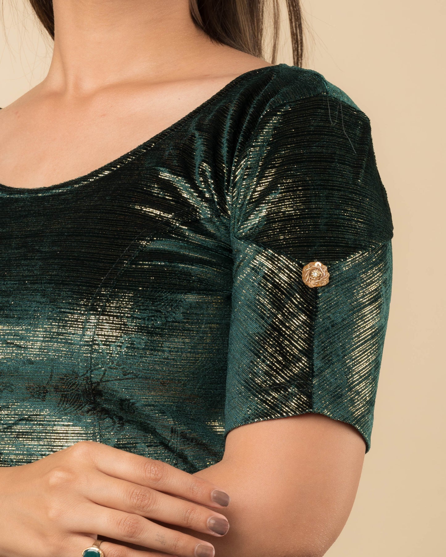 Gold Velvet Stripe with Hand Embroidery Buti Stretchable Slip on Blouse